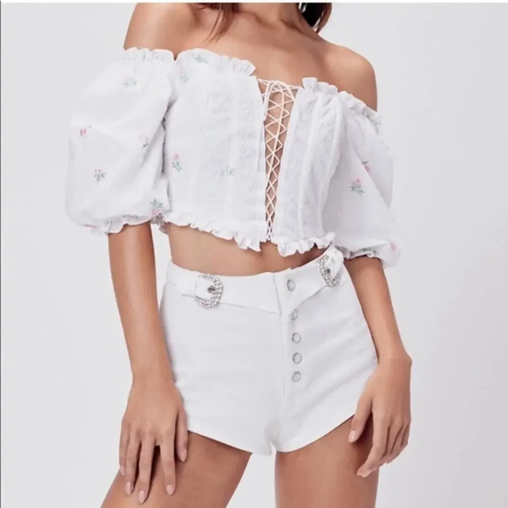 FOR LOVE & LEMONS Rainey Crop Top IVORY XS Eyelet Puff Sleeve Lace-Up - Picture 1 of 9